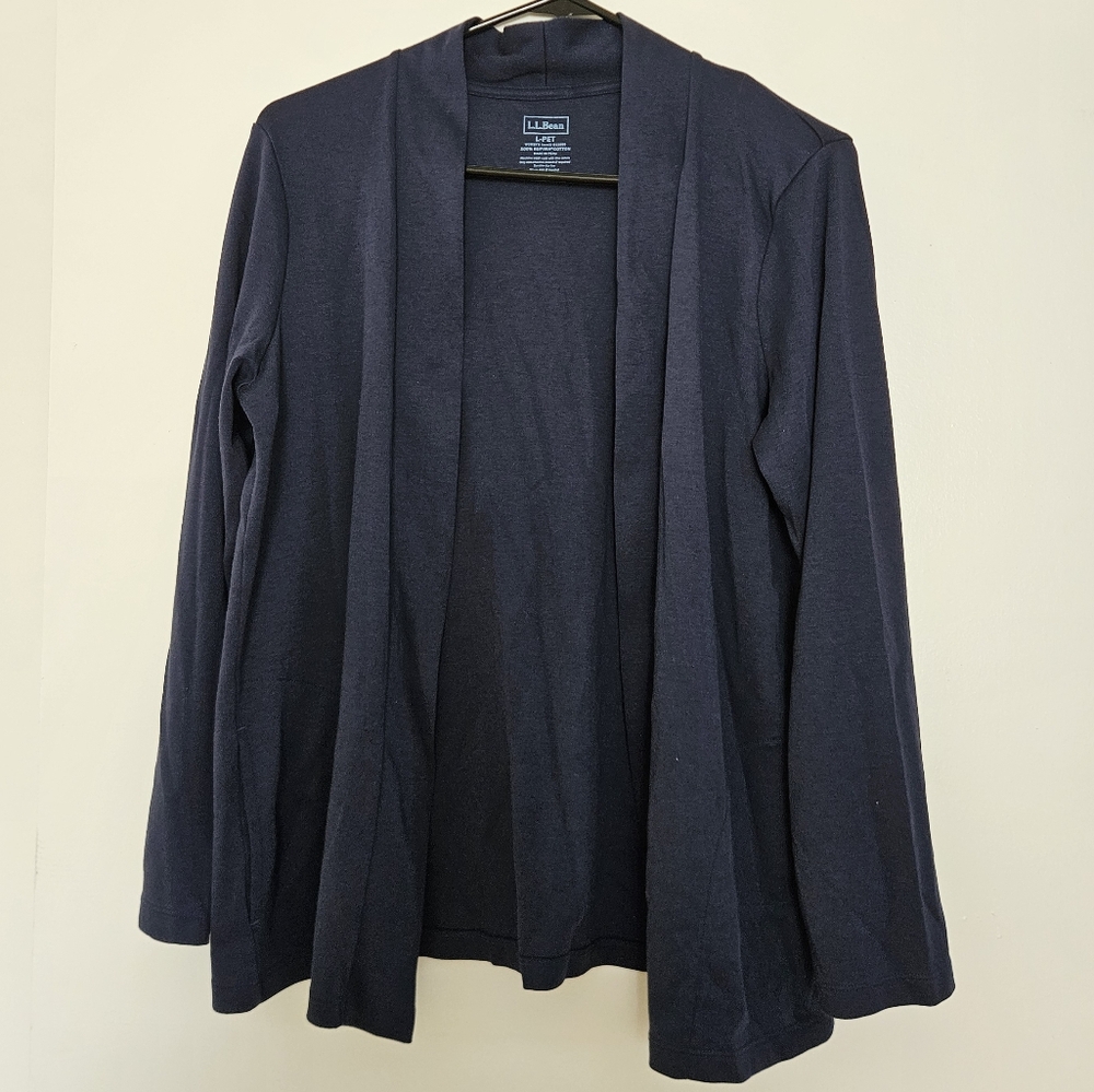 LL Bean Pima Cotton Open Cardigan L-Pet Blue With Pockets Peru Lightweight